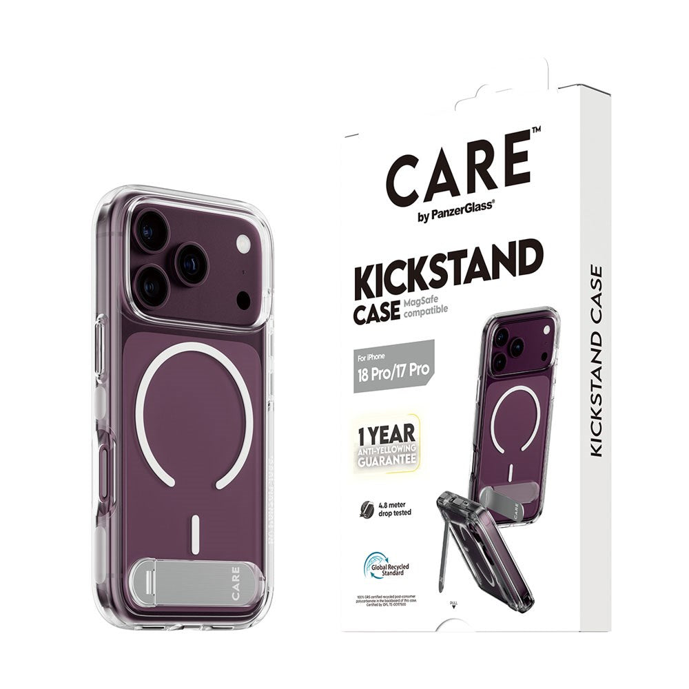 iPhone 18 Pro / 17 Pro CARE by PanzerGlass Feature Kickstand Case - MagSafe Kompatibel - Gennemsigtig / Hvid