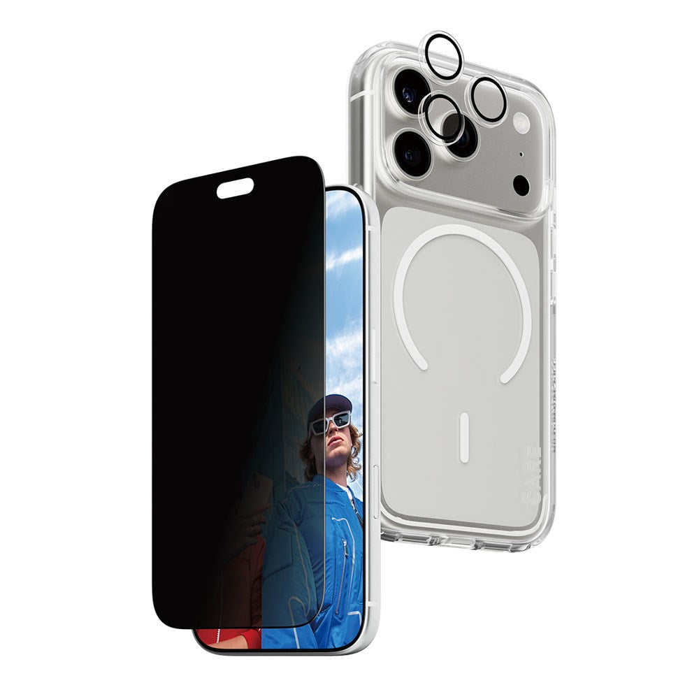iPhone 18 Pro CARE by PanzerGlass 3-i-1 FLAGSHIP Bundle - Cover / Privacy Skærmbeskyttelse (UWF) / Kamerabeskyttelse - Gennemsigtig / Sort
