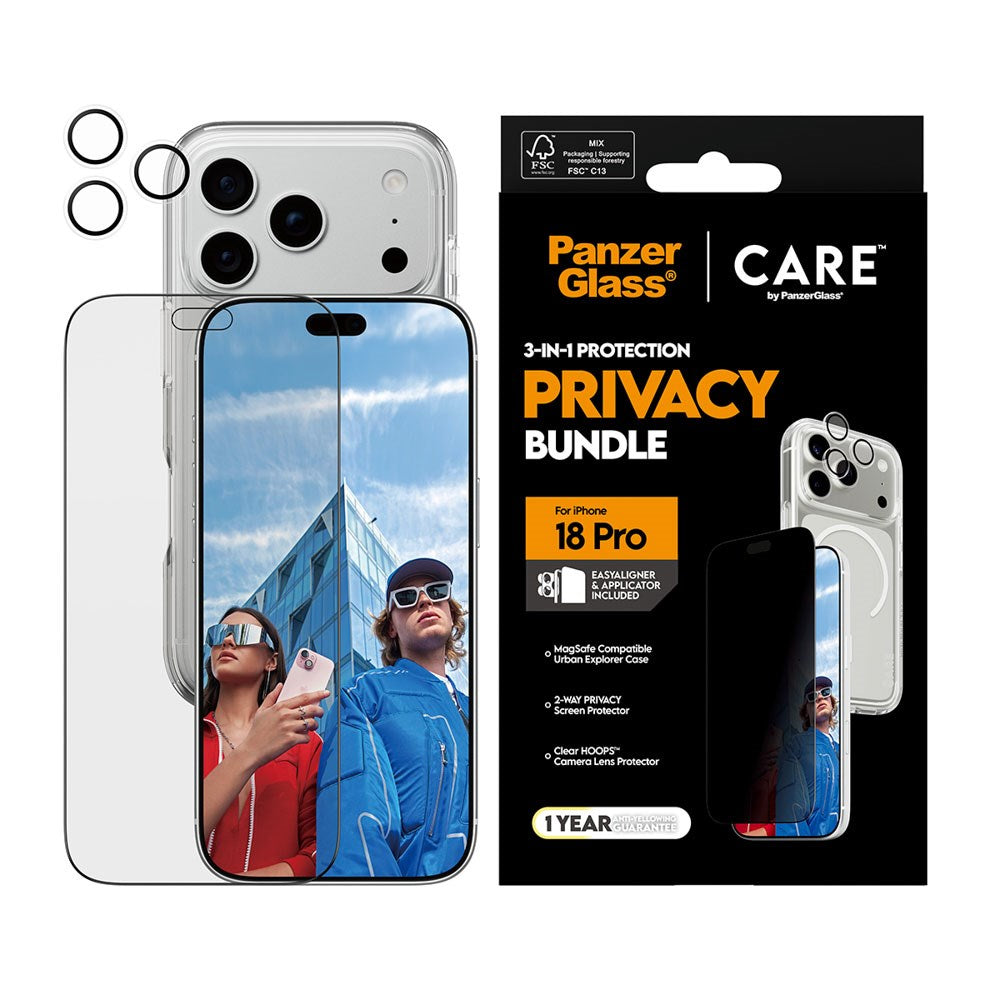iPhone 18 Pro CARE by PanzerGlass 3-i-1 FLAGSHIP Bundle - Cover / Privacy Skærmbeskyttelse (UWF) / Kamerabeskyttelse - Gennemsigtig / Sort