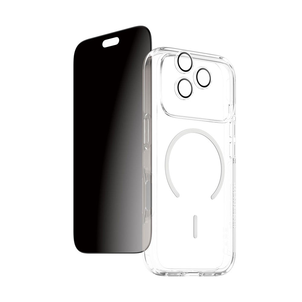 iPhone 18 Pro CARE by PanzerGlass 3-i-1 FLAGSHIP Bundle - Cover / Privacy Skærmbeskyttelse (UWF) / Kamerabeskyttelse - Gennemsigtig / Sort