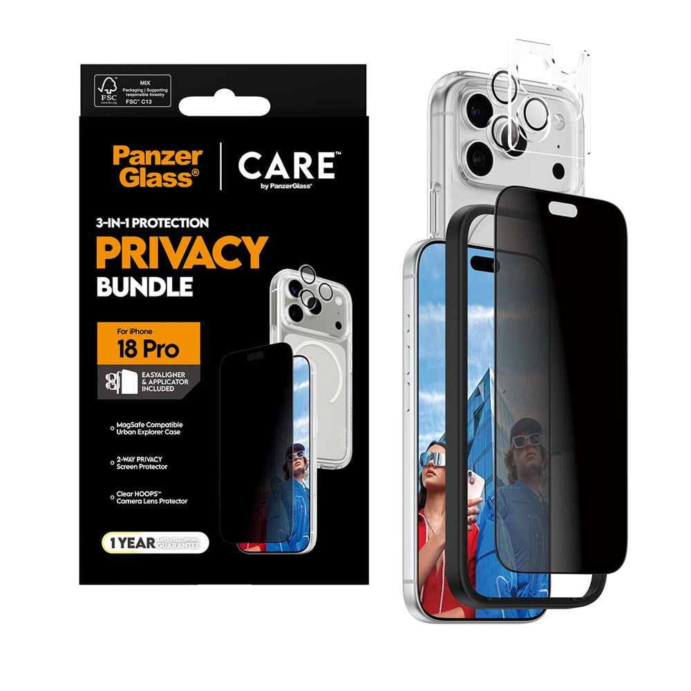 iPhone 18 Pro CARE by PanzerGlass 3-i-1 FLAGSHIP Bundle - Cover / Privacy Skærmbeskyttelse (UWF) / Kamerabeskyttelse - Gennemsigtig / Sort