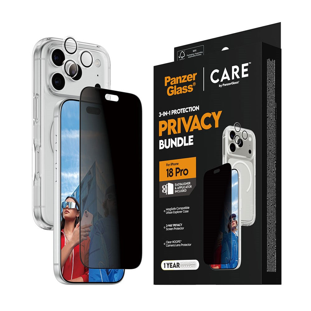 iPhone 18 Pro CARE by PanzerGlass 3-i-1 FLAGSHIP Bundle - Cover / Privacy Skærmbeskyttelse (UWF) / Kamerabeskyttelse - Gennemsigtig / Sort