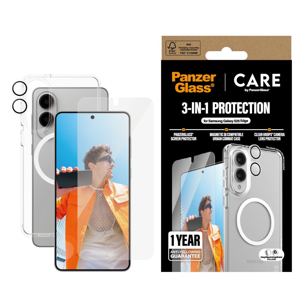 CARE by PanzerGlass Samsung Galaxy S25 Edge 3-i-1 FLAGSHIP Bundle - Cover / Skærmbeskyttelse (UWF) / Kamerabeskyttelse - Gennemsigtig / Hvid