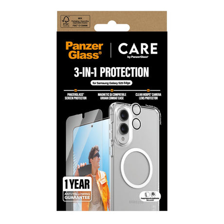 CARE by PanzerGlass Samsung Galaxy S25 Edge 3-i-1 FLAGSHIP Bundle - Cover / Skærmbeskyttelse (UWF) / Kamerabeskyttelse - Gennemsigtig / Hvid