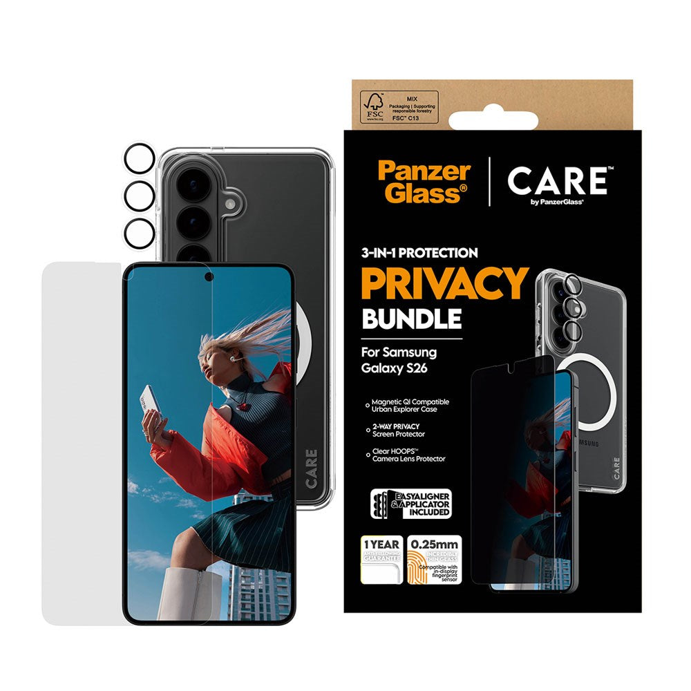 Samsung Galaxy S26 Urban Combat 3-in-1 Privacy Bundle m. Cover / Skærmbeskyttelse (Privacy) / Kamerabeskyttelse - Qi Kompatibel - Gennemsigtig