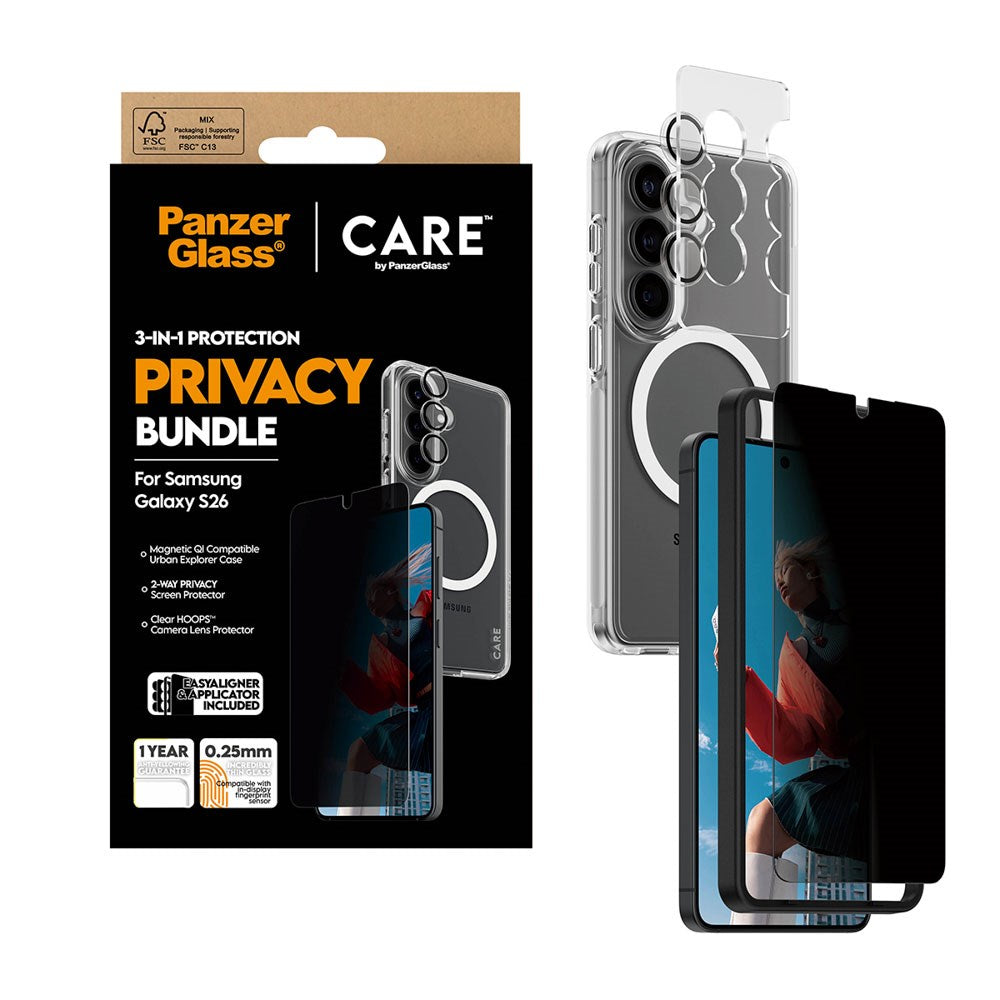 Samsung Galaxy S26 Urban Combat 3-in-1 Privacy Bundle m. Cover / Skærmbeskyttelse (Privacy) / Kamerabeskyttelse - Qi Kompatibel - Gennemsigtig