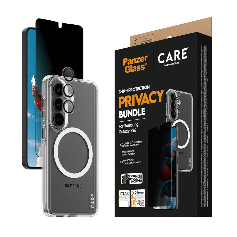 Samsung Galaxy S26 Urban Combat 3-in-1 Privacy Bundle m. Cover / Skærmbeskyttelse (Privacy) / Kamerabeskyttelse - Qi Kompatibel - Gennemsigtig
