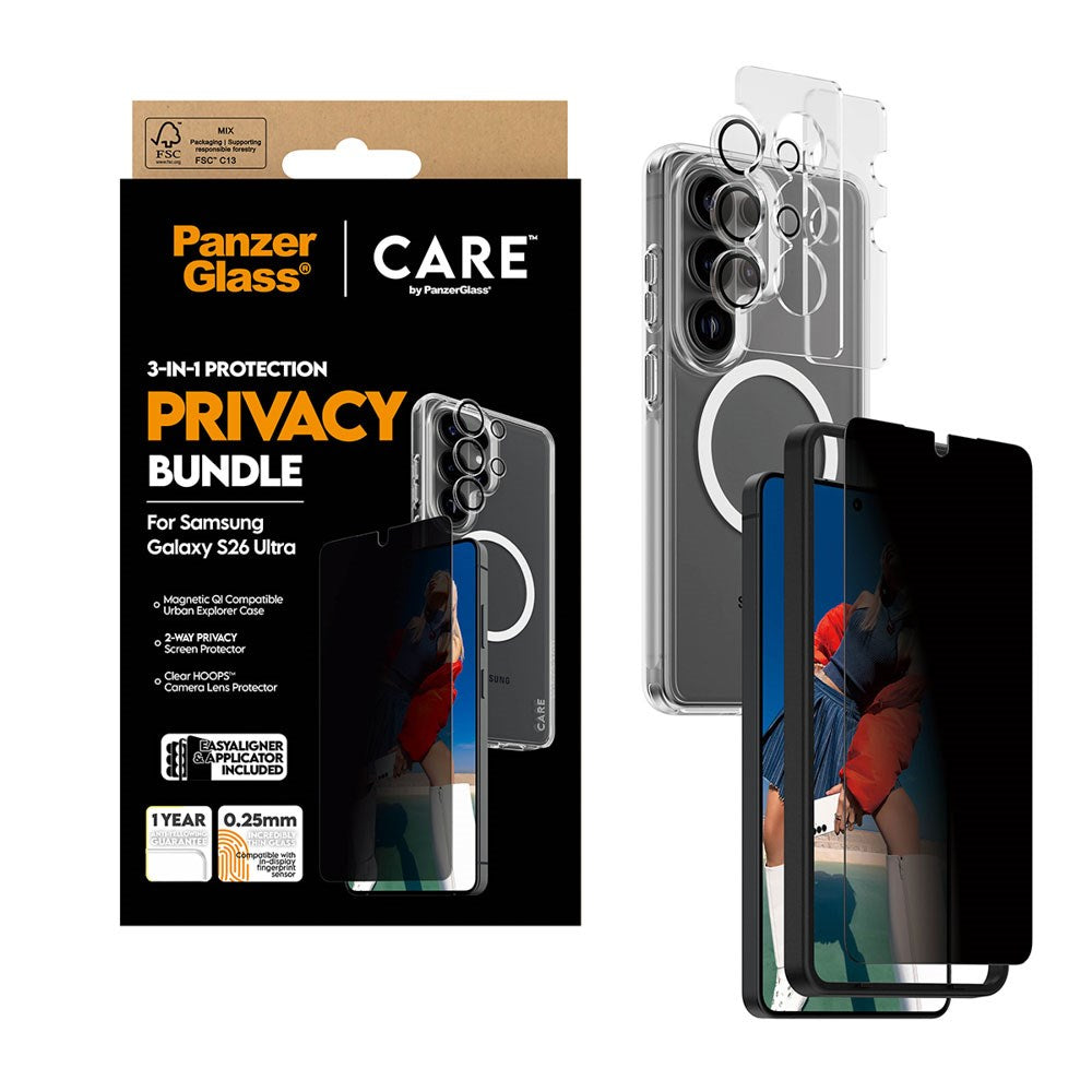 Samsung Galaxy S26 Ultra Urban Combat 3-in-1 Privacy Bundle m. Cover / Skærmbeskyttelse (Privacy) / Kamerabeskyttelse - Qi Kompatibel - Gennemsigtig