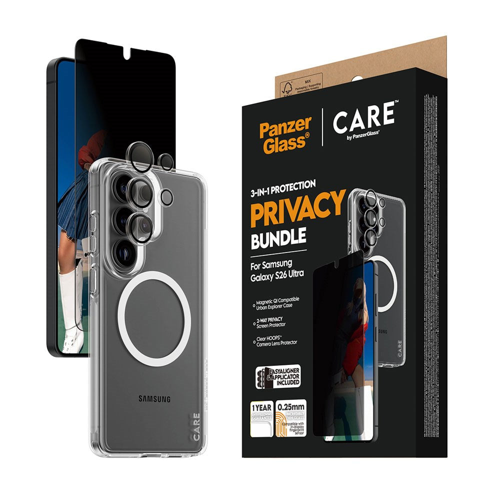 Samsung Galaxy S26 Ultra Urban Combat 3-in-1 Privacy Bundle m. Cover / Skærmbeskyttelse (Privacy) / Kamerabeskyttelse - Qi Kompatibel - Gennemsigtig