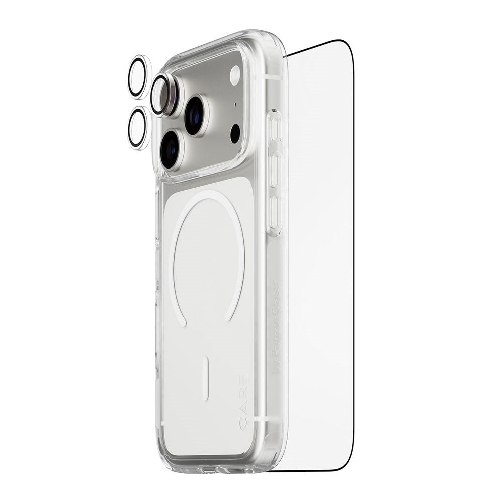 iPhone 18 Pro CARE By PanzerGlass 3-i-1 FLAGSHIP Bundle - Cover / Skærmbeskyttelse (UWF) / Kamerabeskyttelse - Gennemsigtig