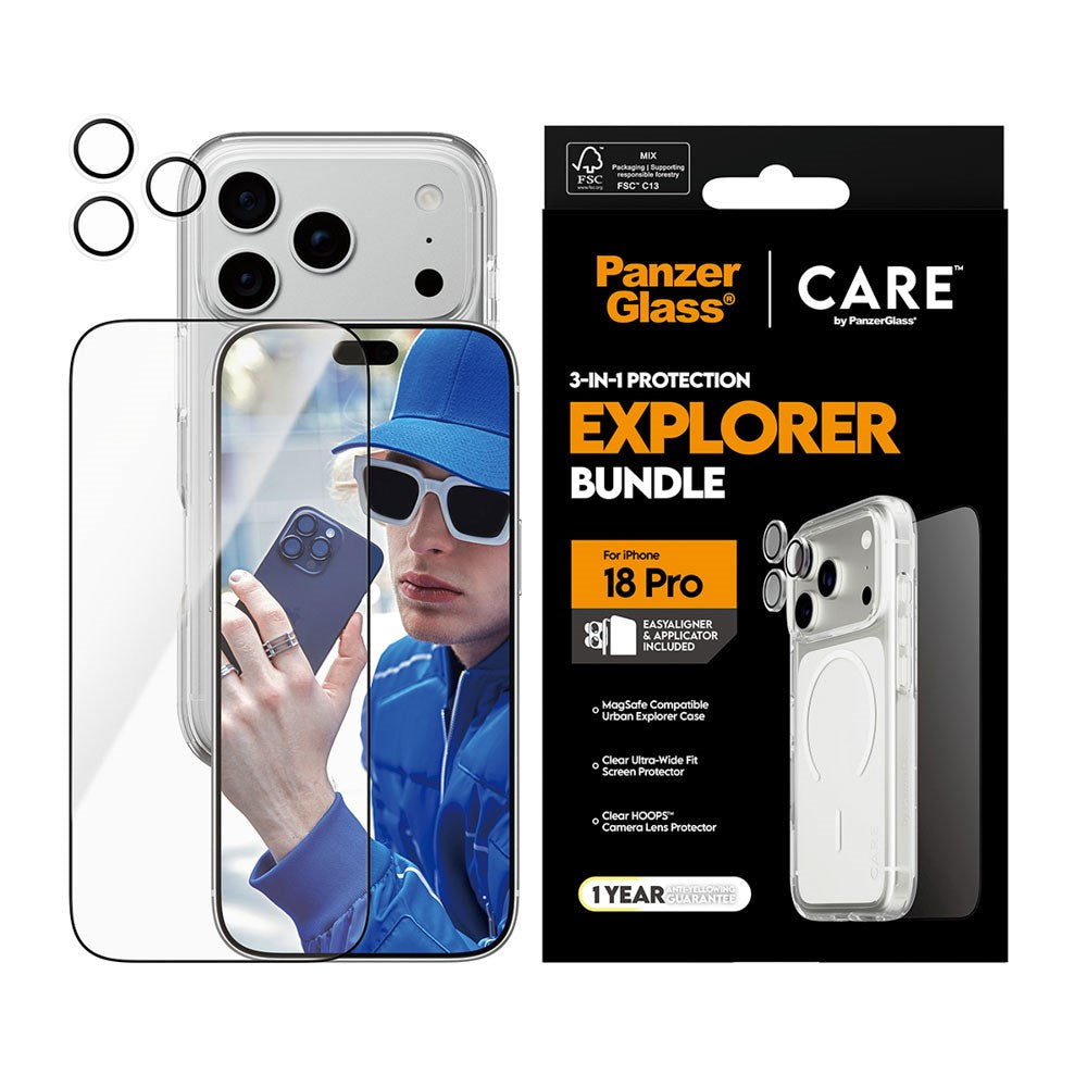 iPhone 18 Pro CARE By PanzerGlass 3-i-1 FLAGSHIP Bundle - Cover / Skærmbeskyttelse (UWF) / Kamerabeskyttelse - Gennemsigtig
