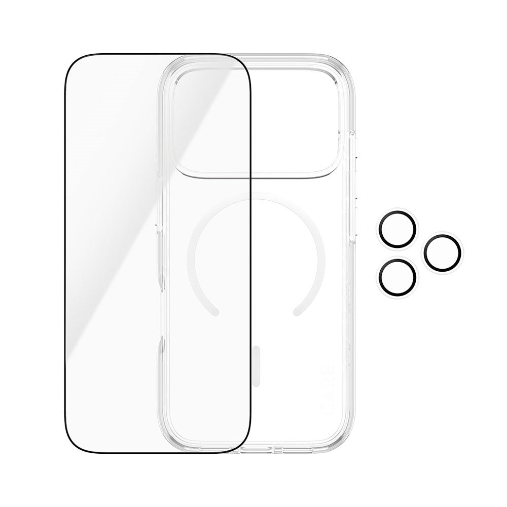 iPhone 18 Pro CARE By PanzerGlass 3-i-1 FLAGSHIP Bundle - Cover / Skærmbeskyttelse (UWF) / Kamerabeskyttelse - Gennemsigtig