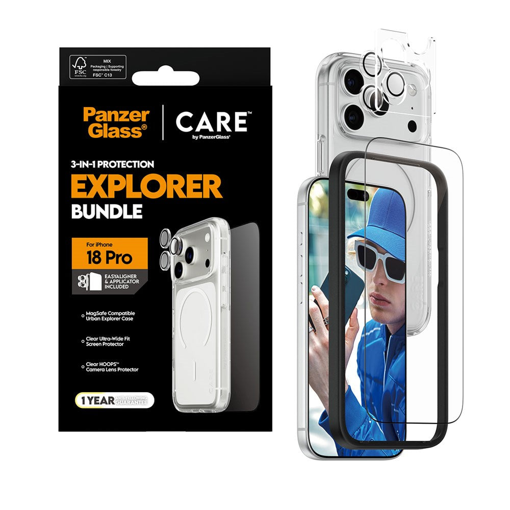 iPhone 18 Pro CARE By PanzerGlass 3-i-1 FLAGSHIP Bundle - Cover / Skærmbeskyttelse (UWF) / Kamerabeskyttelse - Gennemsigtig
