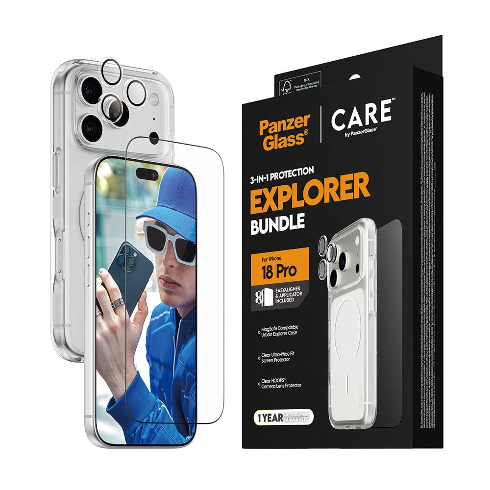iPhone 18 Pro CARE By PanzerGlass 3-i-1 FLAGSHIP Bundle - Cover / Skærmbeskyttelse (UWF) / Kamerabeskyttelse - Gennemsigtig