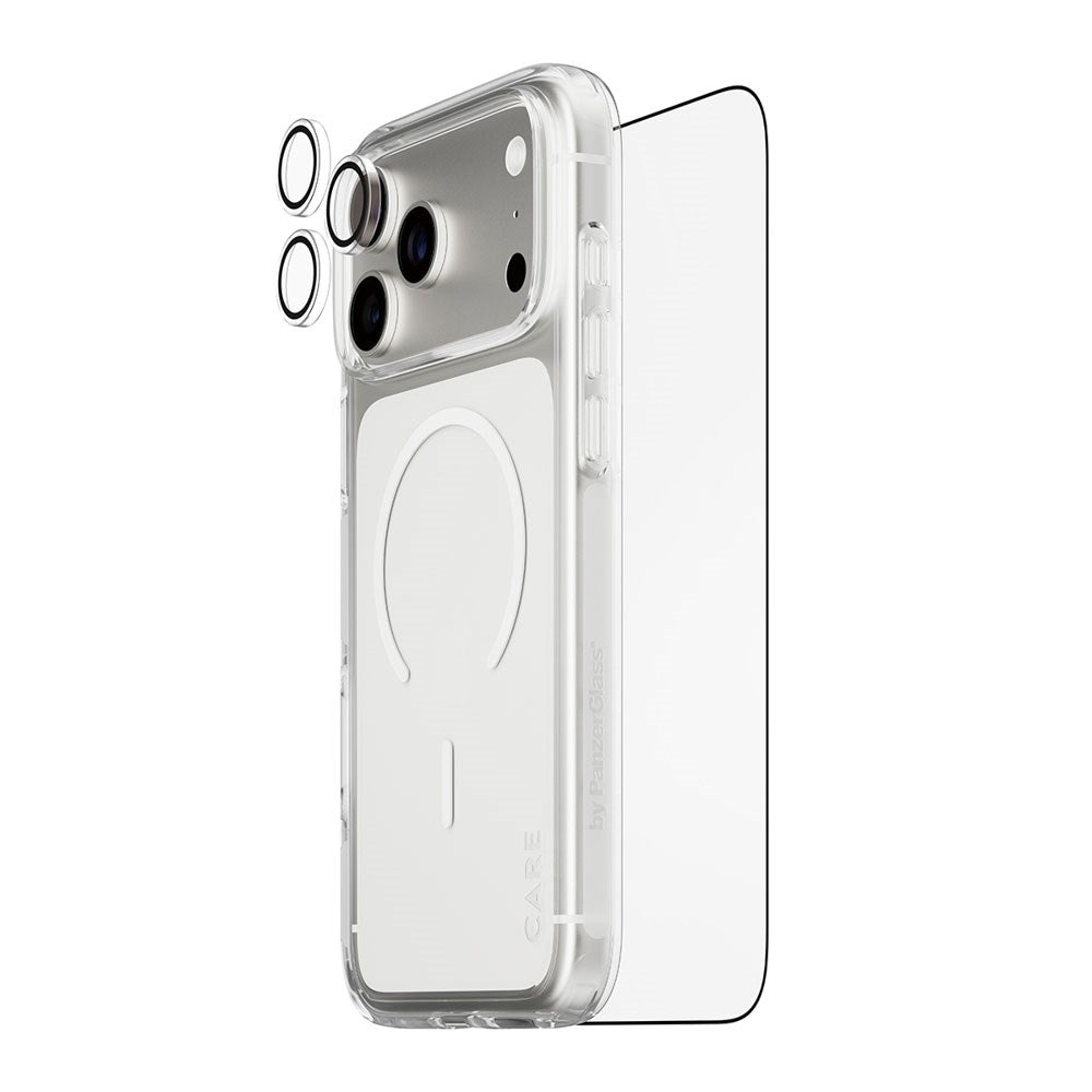 iPhone 18 Pro Max CARE By PanzerGlass 3-i-1 FLAGSHIP Bundle - Cover / Skærmbeskyttelse (UWF) / Kamerabeskyttelse - Gennemsigtig