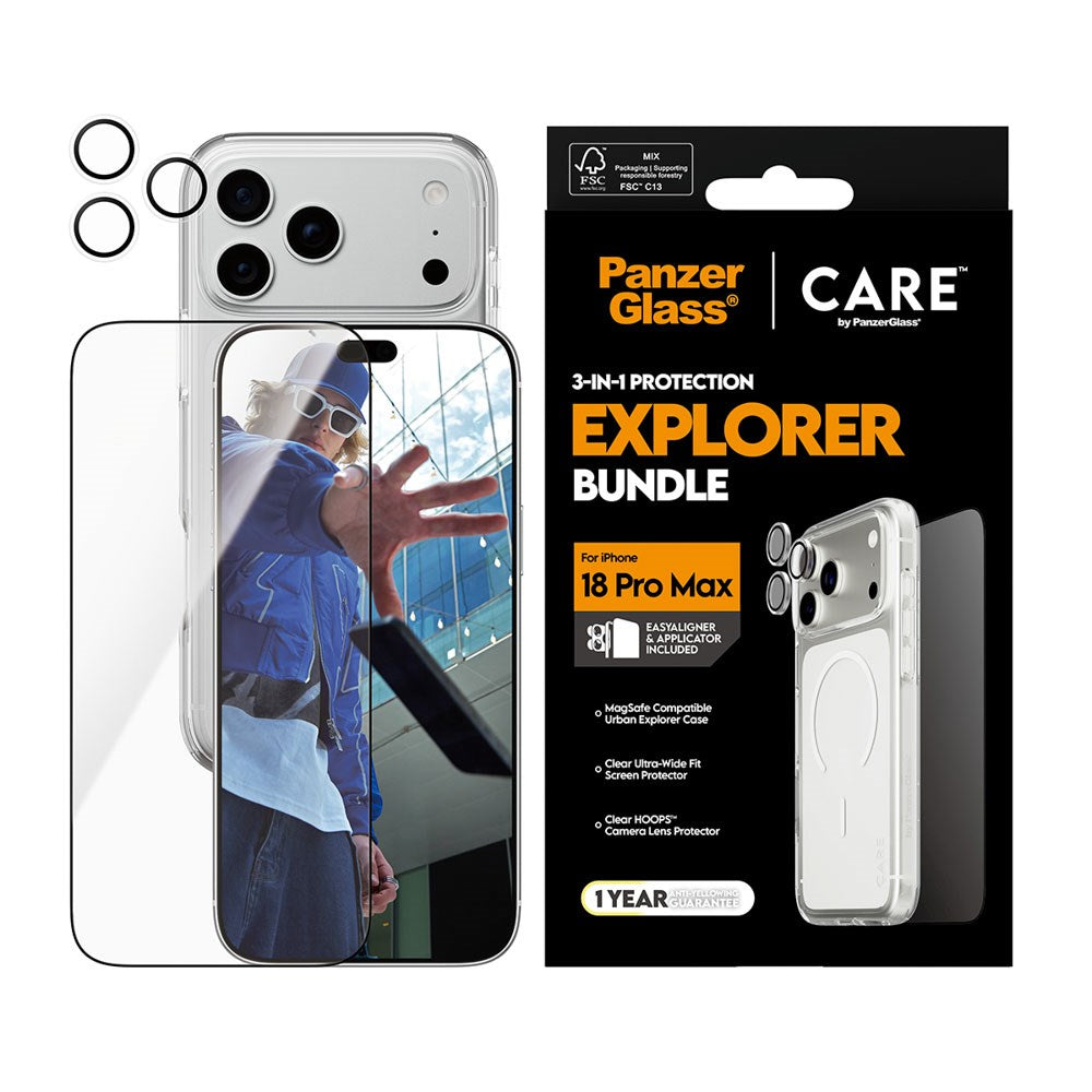iPhone 18 Pro Max CARE By PanzerGlass 3-i-1 FLAGSHIP Bundle - Cover / Skærmbeskyttelse (UWF) / Kamerabeskyttelse - Gennemsigtig