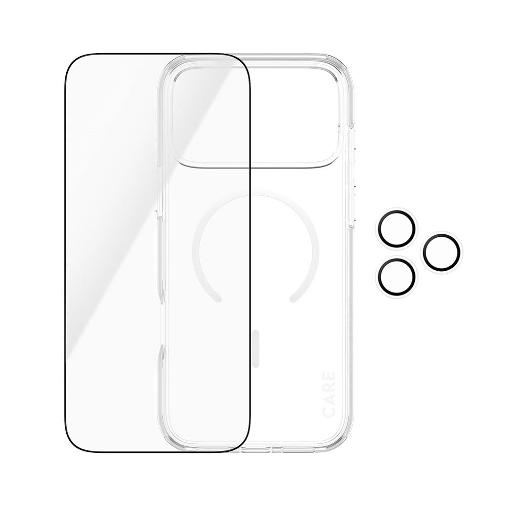 iPhone 18 Pro Max CARE By PanzerGlass 3-i-1 FLAGSHIP Bundle - Cover / Skærmbeskyttelse (UWF) / Kamerabeskyttelse - Gennemsigtig