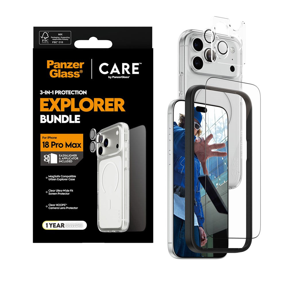 iPhone 18 Pro Max CARE By PanzerGlass 3-i-1 FLAGSHIP Bundle - Cover / Skærmbeskyttelse (UWF) / Kamerabeskyttelse - Gennemsigtig
