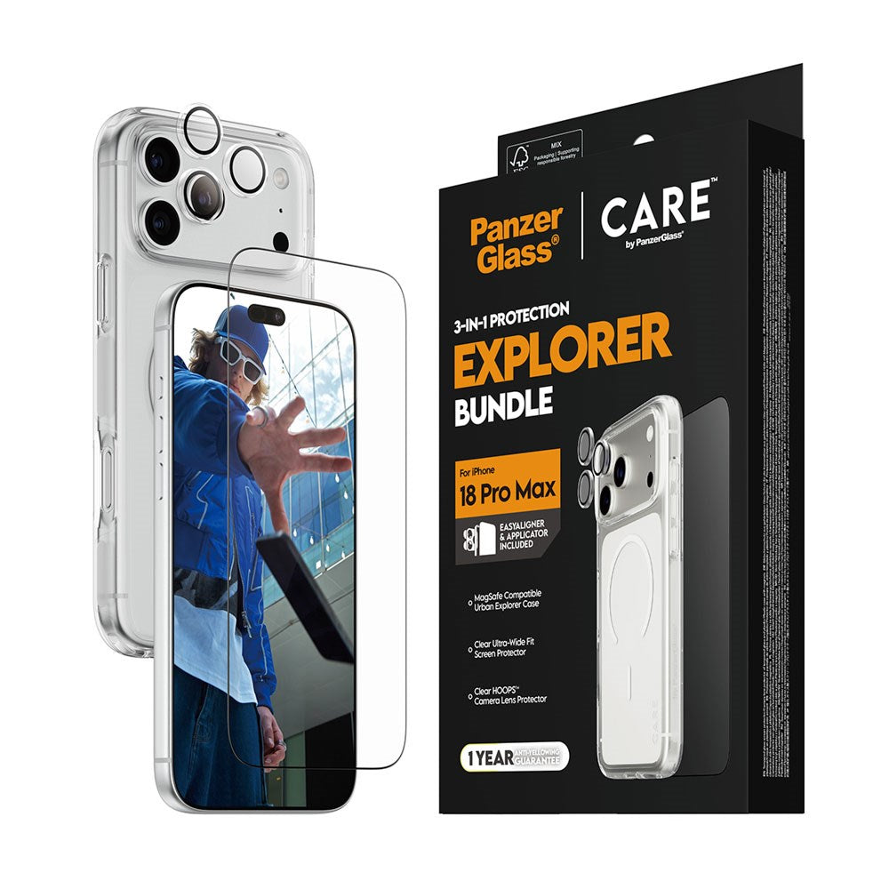 iPhone 18 Pro Max CARE By PanzerGlass 3-i-1 FLAGSHIP Bundle - Cover / Skærmbeskyttelse (UWF) / Kamerabeskyttelse - Gennemsigtig