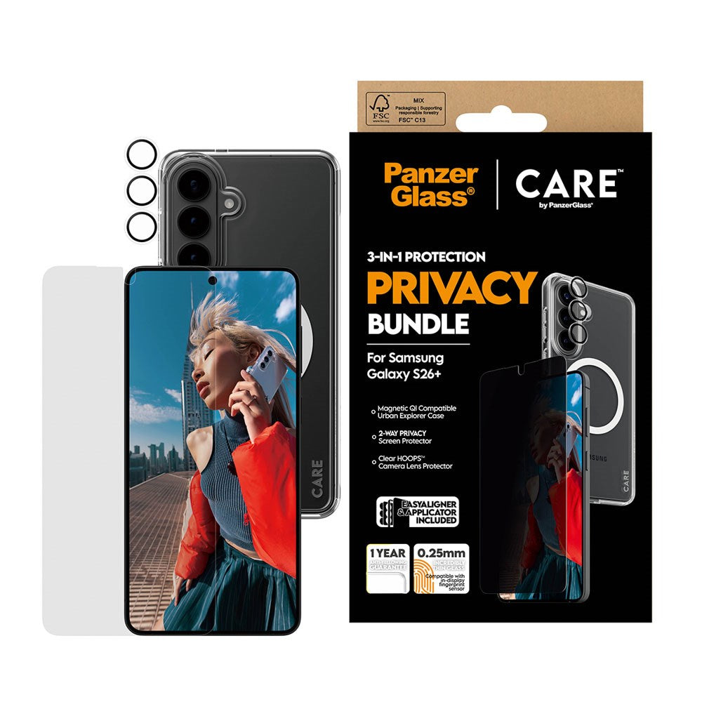 Samsung Galaxy S26+ (Plus) Urban Combat 3-in-1 Privacy Bundle m. Cover / Skærmbeskyttelse (Privacy) / Kamerabeskyttelse - Qi Kompatibel - Gennemsigtig