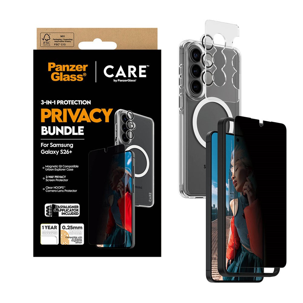 Samsung Galaxy S26+ (Plus) Urban Combat 3-in-1 Privacy Bundle m. Cover / Skærmbeskyttelse (Privacy) / Kamerabeskyttelse - Qi Kompatibel - Gennemsigtig