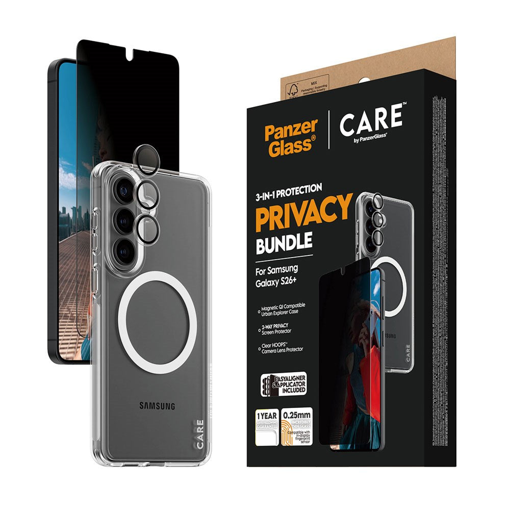 Samsung Galaxy S26+ (Plus) Urban Combat 3-in-1 Privacy Bundle m. Cover / Skærmbeskyttelse (Privacy) / Kamerabeskyttelse - Qi Kompatibel - Gennemsigtig