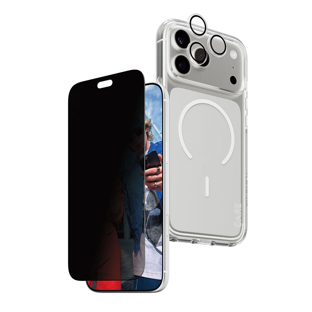 iPhone 18 Pro Max CARE by PanzerGlass 3-i-1 FLAGSHIP Bundle - Cover / Privacy Skærmbeskyttelse (UWF) / Kamerabeskyttelse - Gennemsigtig / Sort