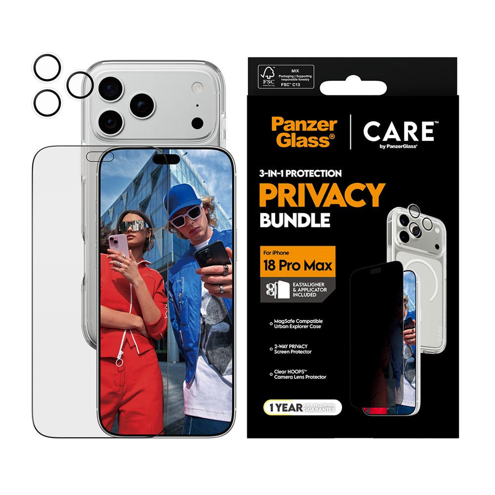iPhone 18 Pro Max CARE by PanzerGlass 3-i-1 FLAGSHIP Bundle - Cover / Privacy Skærmbeskyttelse (UWF) / Kamerabeskyttelse - Gennemsigtig / Sort
