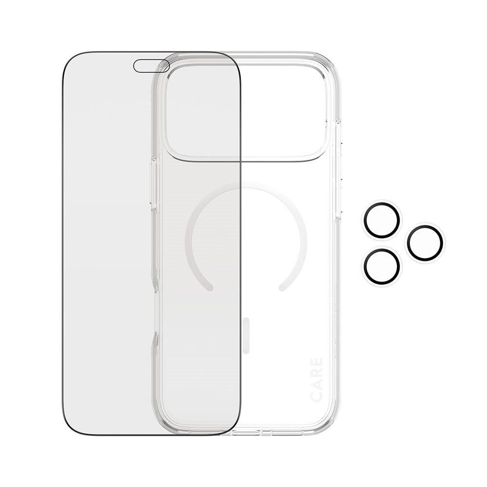 iPhone 18 Pro Max CARE by PanzerGlass 3-i-1 FLAGSHIP Bundle - Cover / Privacy Skærmbeskyttelse (UWF) / Kamerabeskyttelse - Gennemsigtig / Sort