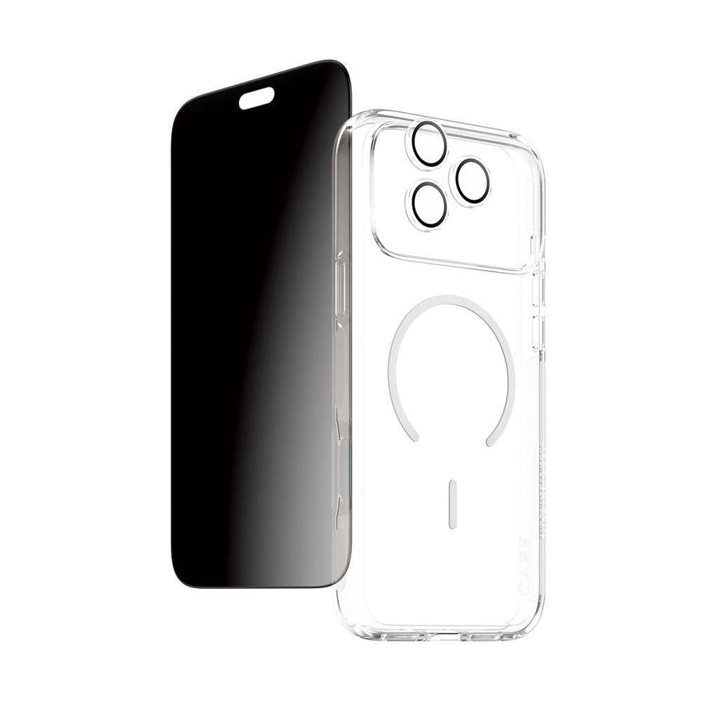 iPhone 18 Pro Max CARE by PanzerGlass 3-i-1 FLAGSHIP Bundle - Cover / Privacy Skærmbeskyttelse (UWF) / Kamerabeskyttelse - Gennemsigtig / Sort