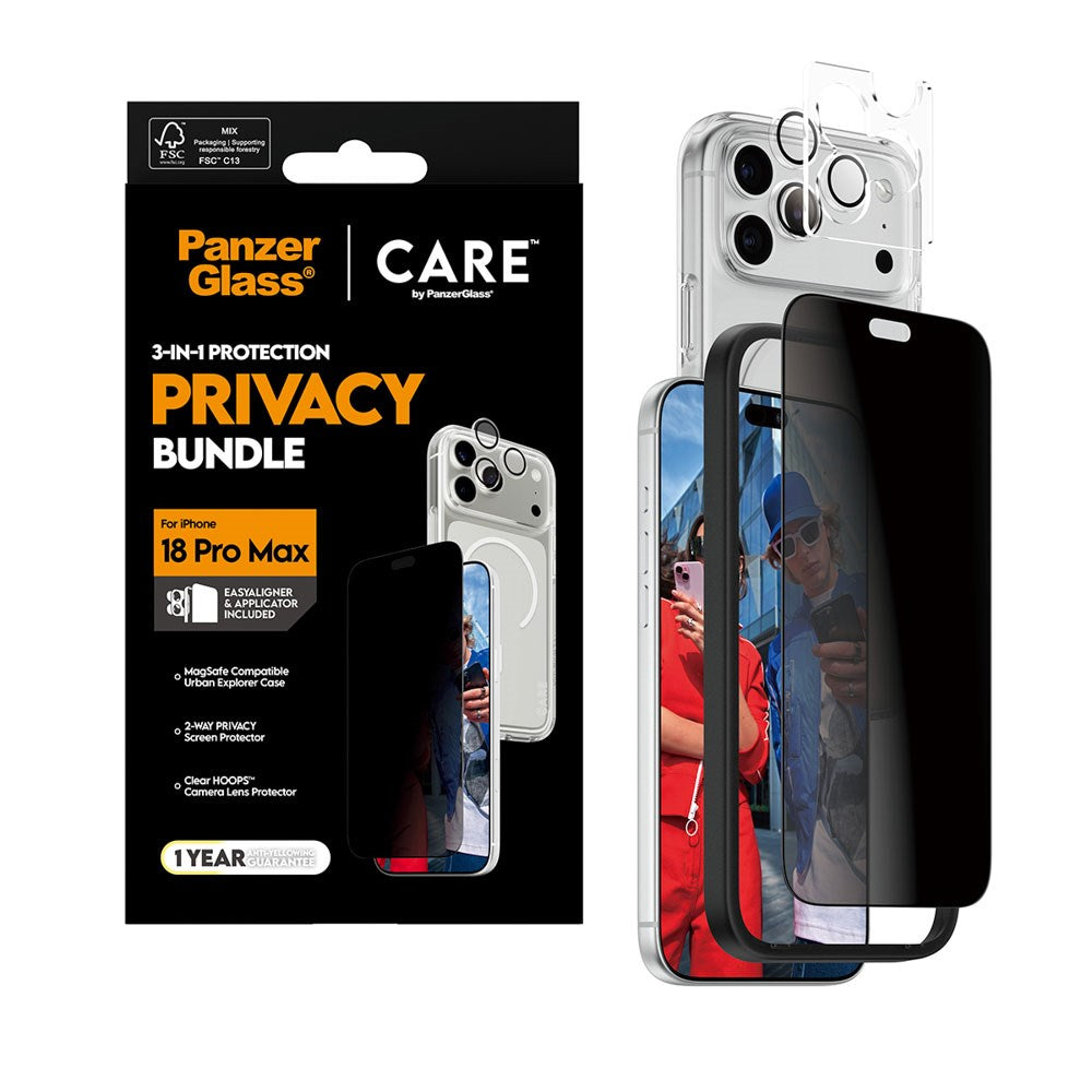 iPhone 18 Pro Max CARE by PanzerGlass 3-i-1 FLAGSHIP Bundle - Cover / Privacy Skærmbeskyttelse (UWF) / Kamerabeskyttelse - Gennemsigtig / Sort