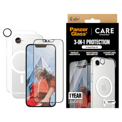 CARE By PanzerGlass iPhone 16e 3-i-1 FLAGSHIP MagSafe Bundle - Cover / Skærmbeskyttelse (UWF) / Kamerabeskyttelse - Gennemsigtig / Hvid
