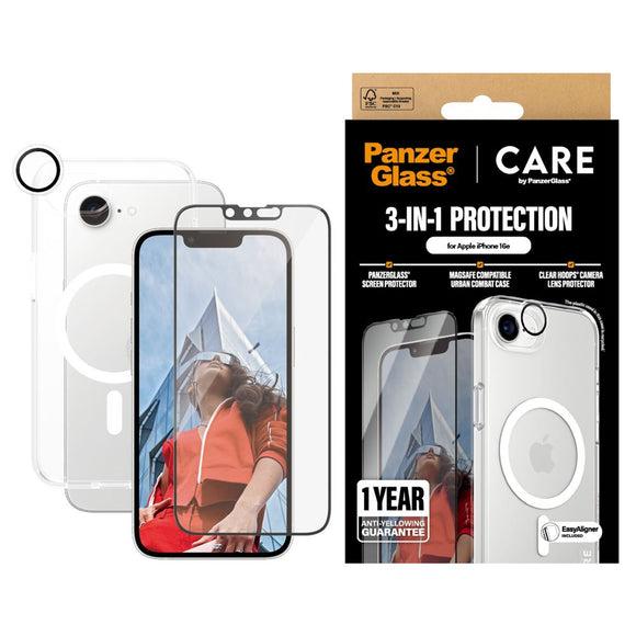 CARE By PanzerGlass iPhone 17e / 16e 3-i-1 FLAGSHIP MagSafe Bundle - Cover / Skærmbeskyttelse (UWF) / Kamerabeskyttelse - Gennemsigtig / Hvid