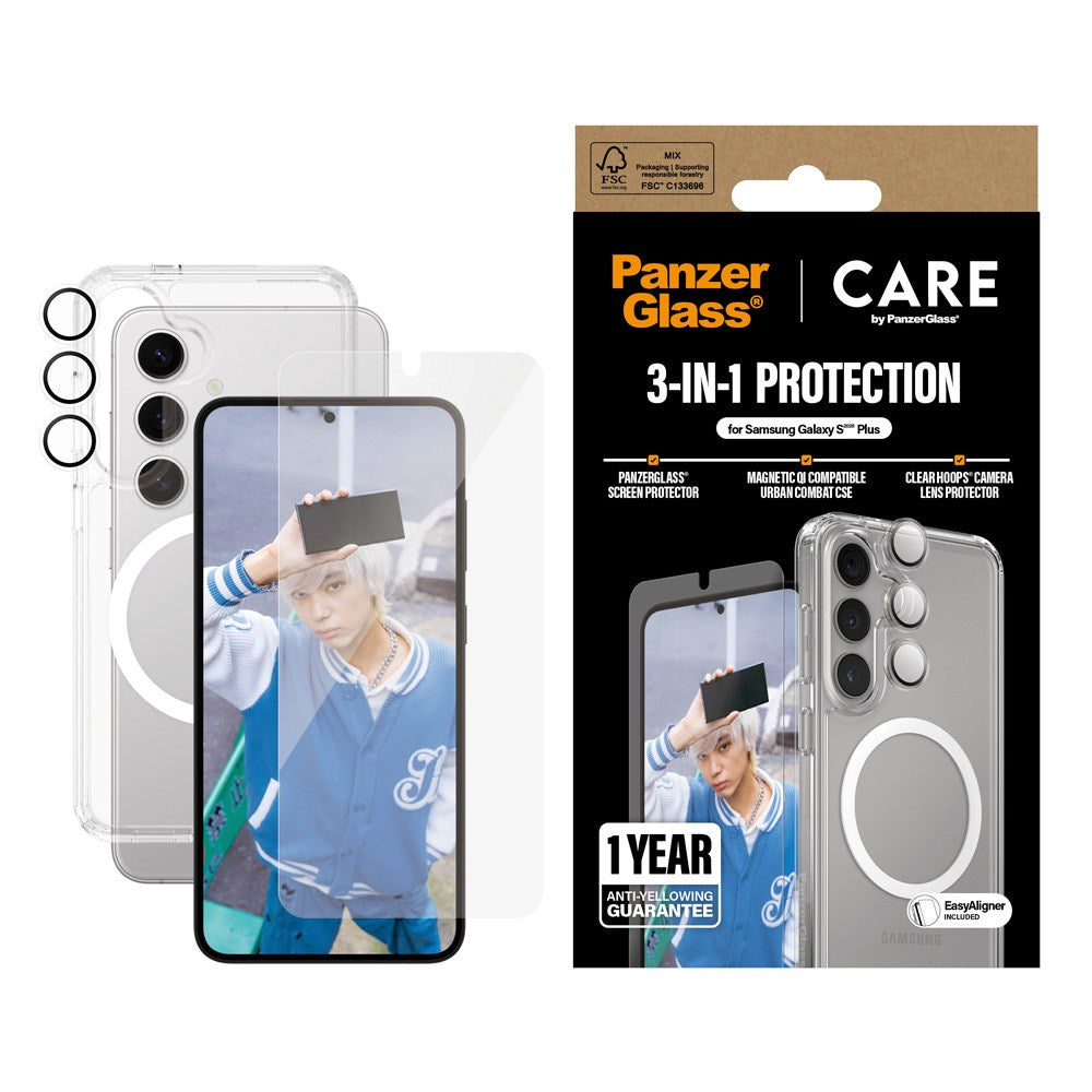 CARE by PanzerGlass Samsung Galaxy S25+ (Plus) 3-i-1 FLAGSHIP Bundle - Cover / Skærmbeskyttelse (UWF) / Kamerabeskyttelse - Gennemsigtig