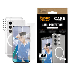 CARE by PanzerGlass Samsung Galaxy S25+ (Plus) 3-i-1 FLAGSHIP Bundle - Cover / Skærmbeskyttelse (UWF) / Kamerabeskyttelse - Gennemsigtig