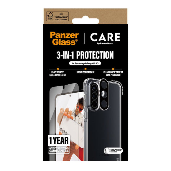 CARE by PanzerGlass Samsung Galaxy A56 (5G) 3-i-1 FLAGSHIP Bundle - Cover / Skærmbeskyttelse (UWF) / Kamerabeskyttelse - Gennemsigtig
