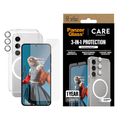 CARE by PanzerGlass Samsung Galaxy S25 3-i-1 FLAGSHIP Bundle - Cover / Skærmbeskyttelse (UWF) / Kamerabeskyttelse - Gennemsigtig