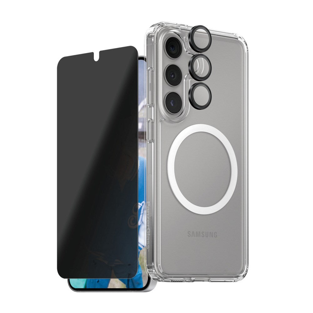 CARE by PanzerGlass Samsung Galaxy S25+ (Plus) 3-i-1 FLAGSHIP Bundle - Cover / Privacy Skærmbeskyttelse (UWF) / Kamerabeskyttelse - Gennemsigtig / Sort