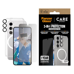 CARE by PanzerGlass Samsung Galaxy S25+ (Plus) 3-i-1 FLAGSHIP Bundle - Cover / Privacy Skærmbeskyttelse (UWF) / Kamerabeskyttelse - Gennemsigtig / Sort