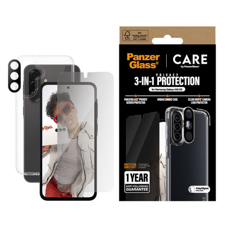 CARE by PanzerGlass Samsung Galaxy A36 (5G) 3-i-1 FLAGSHIP Bundle - Cover / Privacy Skærmbeskyttelse (UWF) / Kamerabeskyttelse - Gennemsigtig / Sort