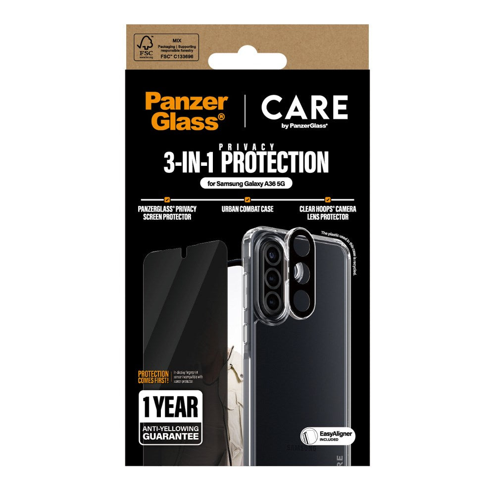 CARE by PanzerGlass Samsung Galaxy A36 (5G) 3-i-1 FLAGSHIP Bundle - Cover / Privacy Skærmbeskyttelse (UWF) / Kamerabeskyttelse - Gennemsigtig / Sort