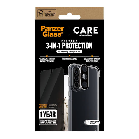 CARE by PanzerGlass Samsung Galaxy A36 (5G) 3-i-1 FLAGSHIP Bundle - Cover / Privacy Skærmbeskyttelse (UWF) / Kamerabeskyttelse - Gennemsigtig / Sort