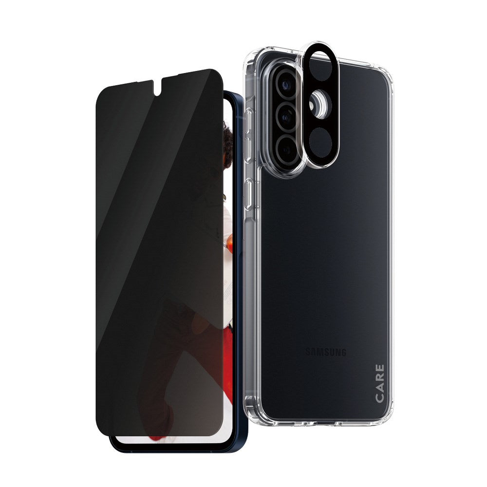 CARE by PanzerGlass Samsung Galaxy A56 (5G) 3-i-1 FLAGSHIP Bundle - Cover / Privacy Skærmbeskyttelse (UWF) / Kamerabeskyttelse - Gennemsigtig / Sort