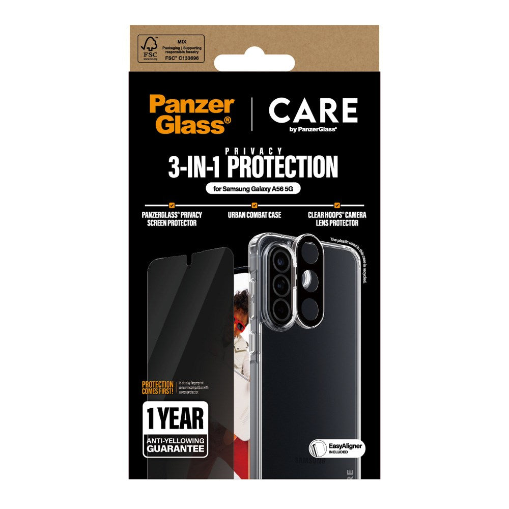 CARE by PanzerGlass Samsung Galaxy A56 (5G) 3-i-1 FLAGSHIP Bundle - Cover / Privacy Skærmbeskyttelse (UWF) / Kamerabeskyttelse - Gennemsigtig / Sort