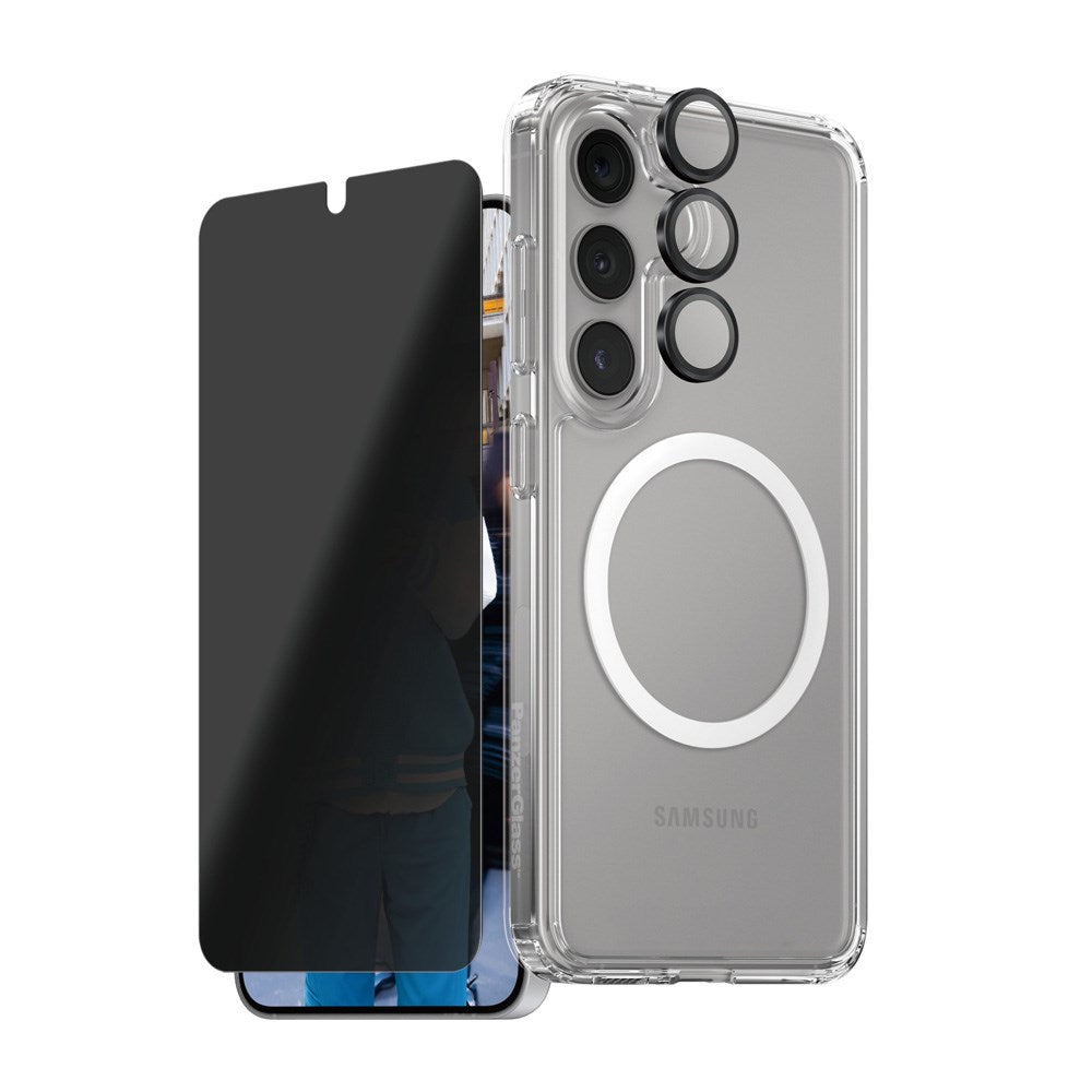 CARE by PanzerGlass Samsung Galaxy S25 3-i-1 FLAGSHIP Bundle - Cover / Privacy Skærmbeskyttelse (UWF) / Kamerabeskyttelse - Gennemsigtig / Hvid