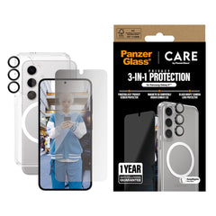 CARE by PanzerGlass Samsung Galaxy S25 3-i-1 FLAGSHIP Bundle - Cover / Privacy Skærmbeskyttelse (UWF) / Kamerabeskyttelse - Gennemsigtig / Hvid