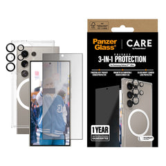 CARE by PanzerGlass Samsung Galaxy S25 Ultra 3-i-1 FLAGSHIP Bundle - Cover / Privacy Skærmbeskyttelse (UWF) / Kamerabeskyttelse - Gennemsigtig / Hvid