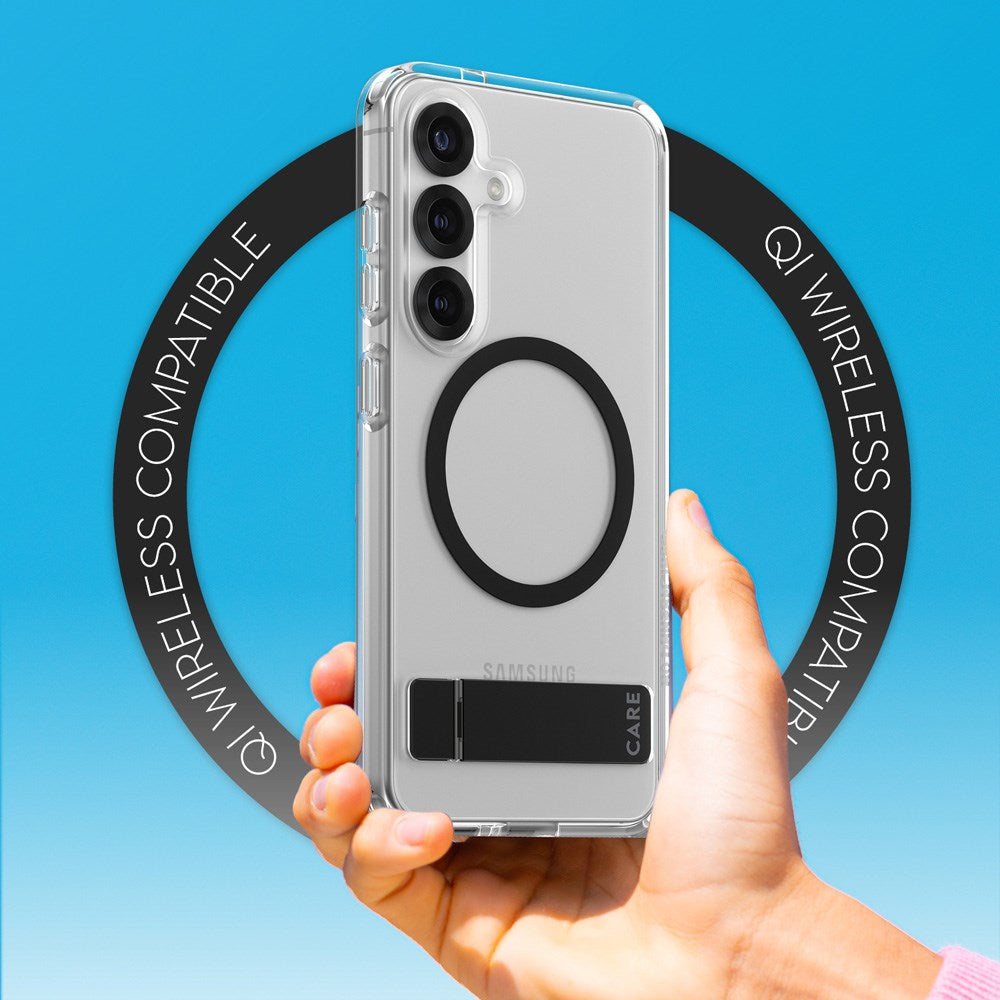 CARE by PanzerGlass Samsung Galaxy S25 Feature Kickstand Case - Qi Kompatibel - Transparent / Black