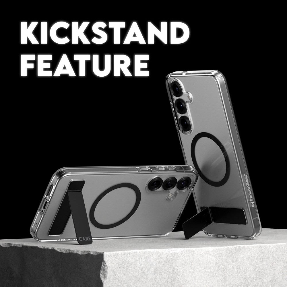 CARE by PanzerGlass Samsung Galaxy S25 Feature Kickstand Case - Qi Kompatibel - Transparent / Black