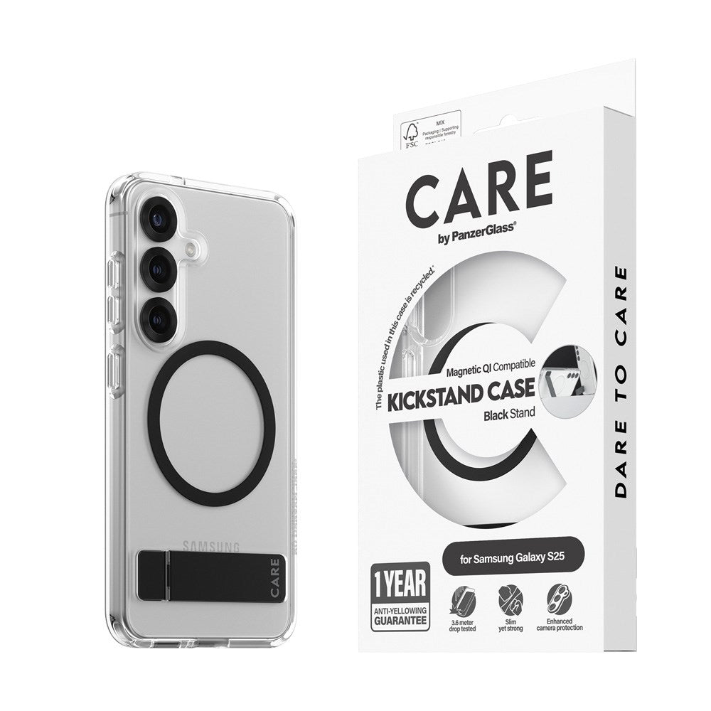 CARE by PanzerGlass Samsung Galaxy S25 Feature Kickstand Case - Qi Kompatibel - Transparent / Black